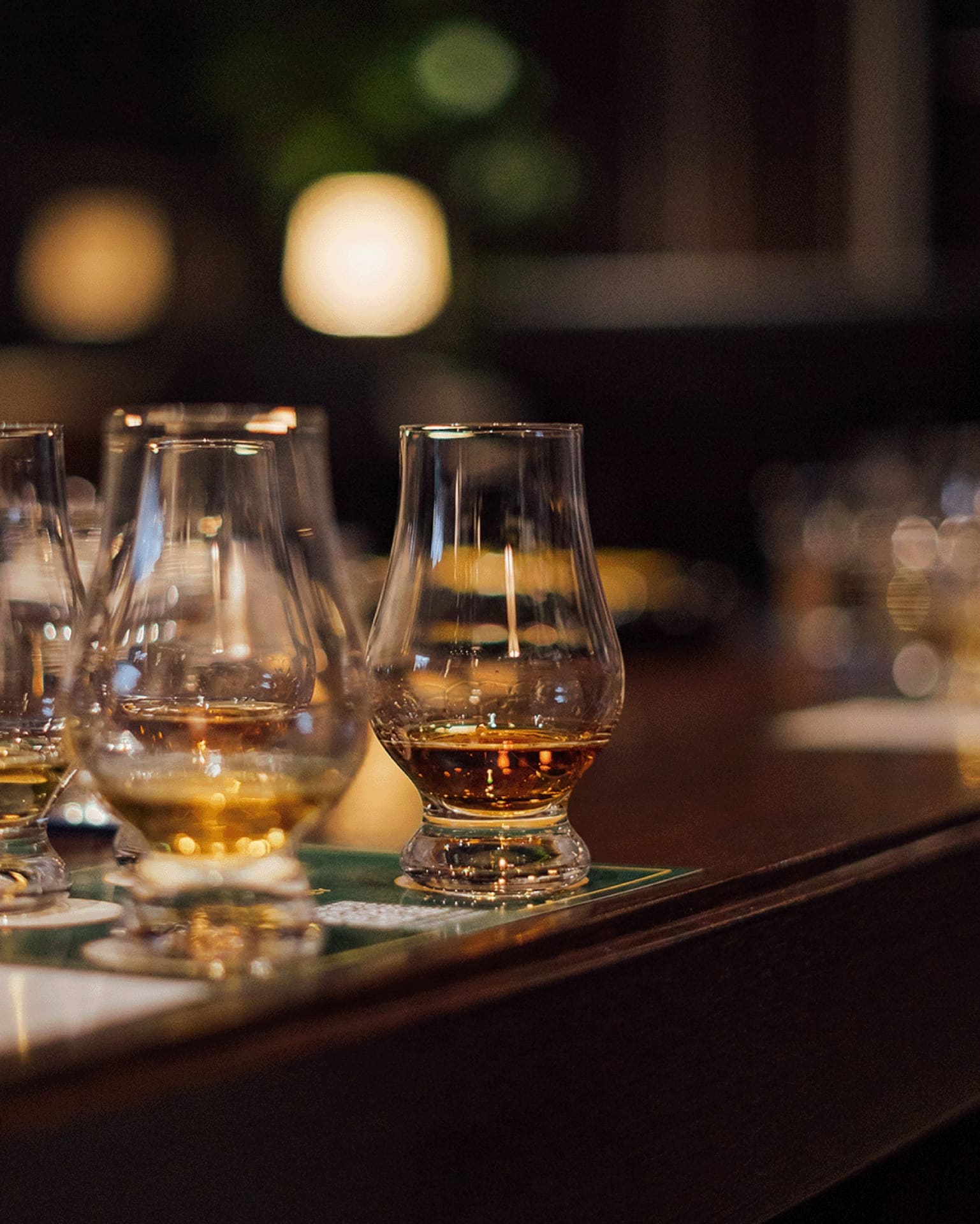 Nosing glasses of whisky set out for a BitCask private tasting